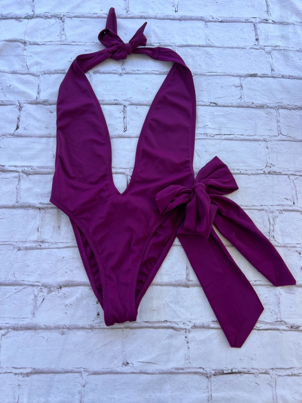 Hot Miami Styles Plum Deep-V One-Piece Swimsuit with Side Bow
